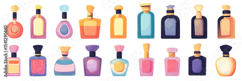 Set of colorful flat minimalist cartoon perfume bottles with various shapes and stoppers for luxury cosmetic fragrance collection design vector