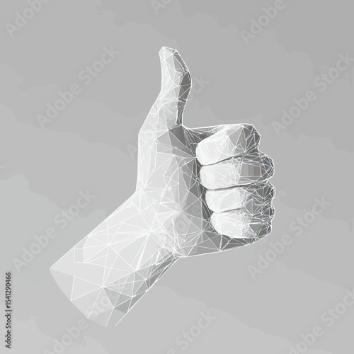 White polygonal low poly hand showing thumbs up gesture with geometric triangular wireframe on gray background vector illustration for positive approval and success concept