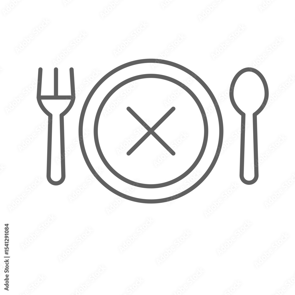 Fototapeta premium Loss of appetite icon outline style. A plate with cross mark and cutlery symbolizing decreased hunger, eating disorder, or lack of desire for food. Thin line symbol vector. Editable stroke