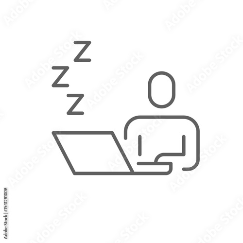 Sleeping employee icon. Thin line outline symbol of remote worker fatigue resting at computer due to exhaustion stress or overwork editable stroke
