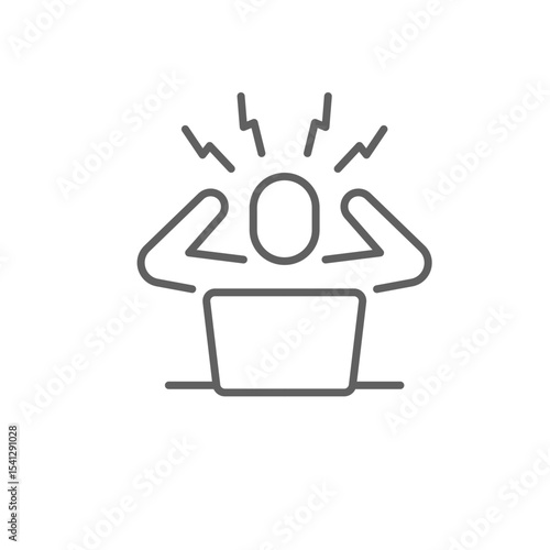 Remote worker stress icon. Outline style thin line editable stroke symbol of overwhelmed person holding head in frustration at computer desk