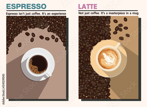 A flat design vector poster showcasing 2 beloved coffee drinks espresso, latte. Espresso is described as an experience,while latte is portrayed as a masterpiece in a mug.Surrounded by  coffee beans