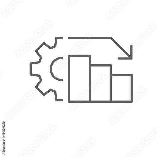 Low performance chart icon outline style. A declining bar graph with gear and downward arrow showing reduced efficiency or productivity drop. Thin line symbol vector illustration. Editable stroke