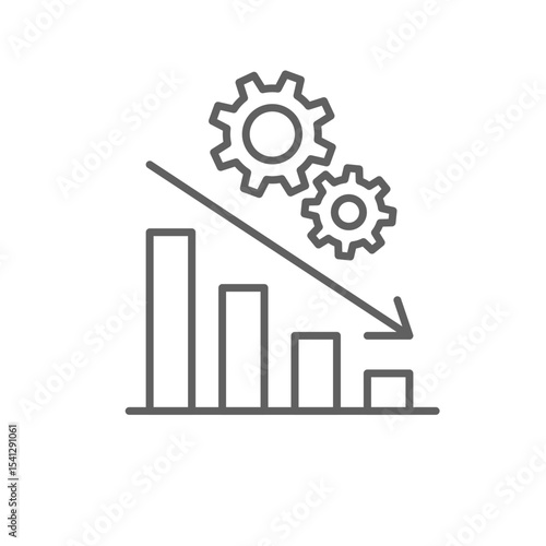 Low performance icon. Outline style thin line editable stroke symbol of bar chart with arrow down and gears. Concept of productivity drop, poor efficiency, or business failure. Vector illustration