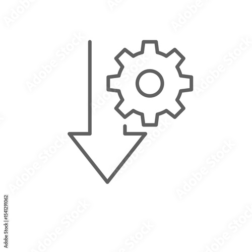 Performance drop icon outline style. A gear next to a large downward arrow representing system failure or decline in productivity. Thin line symbol vector illustration. Editable stroke
