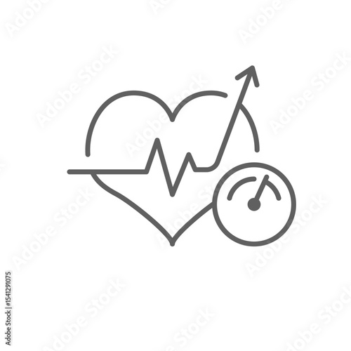 High blood pressure icon outline style. A heart with pulse line rising arrow and pressure gauge representing hypertension or cardiovascular risk. Thin line symbol vector illustration. Editable stroke
