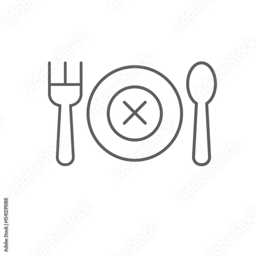 Appetite loss icon outline style. Crossed plate between fork and spoon representing food aversion, meal refusal, or digestive issue. Thin line symbol vector illustration. Editable stroke