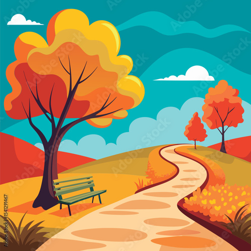 Autumn park path with bench.