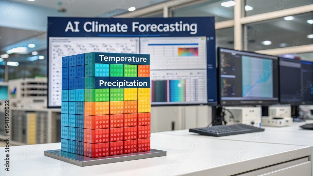 Obraz premium AI climate forecasting concept. AI climate forecasting display with a colorful data model on a modern workstation.