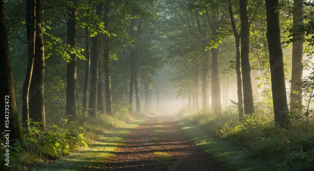 Obraz premium Misty Forest Path at Sunrise