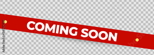 Coming Soon Red Ribbon Banner Tape with bold white lettering for shop opening, sale launch, retail notice, marketing campaign. Product promotional clearance. Vector Illustration