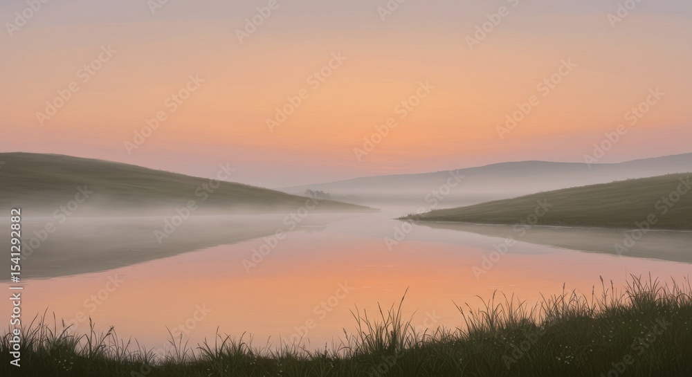 Fototapeta premium Serene Sunrise over Misty Lake and Rolling Hills