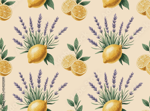 A seamless pattern features arrangements of lemons and lavender sprigs on a light background. 