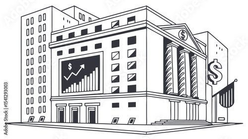 Illustration of a bank building with a stock market ticker and dollar signs in a city landscape scene