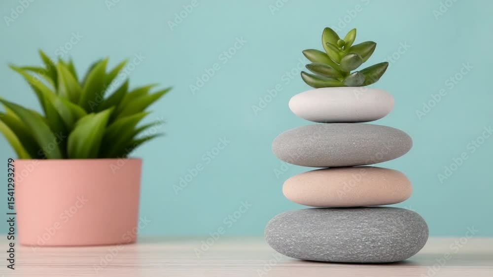 Stacked stones with a succulent on top, showcasing tranquility in a modern indoor setting Stacked stones with a succulent on top, showcasing tranquility in a modern indoor setting