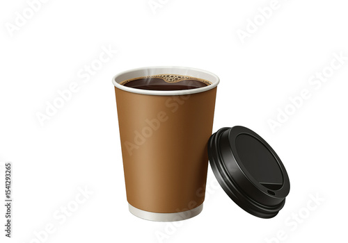 A single brown takeaway coffee cup with a black lid isolated against a PNG background, coffee, takeaway, to go, cup, beverage, drink, caffeine, brown, paper, black, lid, isolated, mockup, espresso, ca