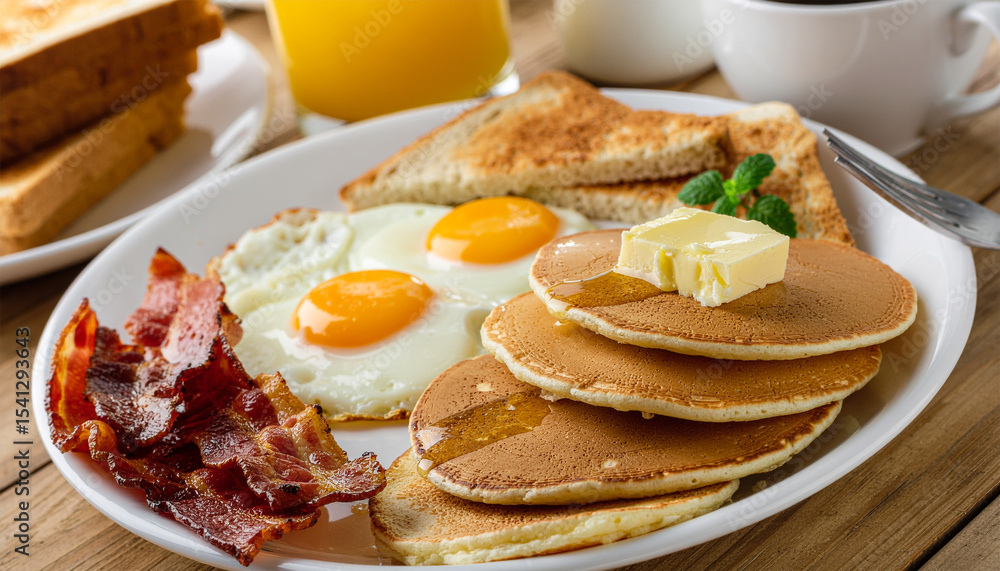 Traditional American Breakfast with Pancakes, Eggs, Bacon, Toast and Coffee Traditional American Breakfast with Pancakes, Eggs, Bacon, Toast and Coffee