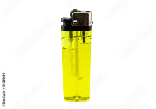 Close up shot of a yellow transparent disposable lighter against a PNG background, lighter, disposable, yellow, transparent, fuel, fluid, gas, cigarette, smoking, fire, flame, ignition, object, isolat
