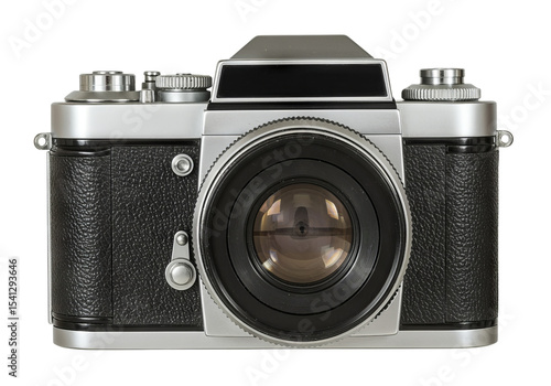 Classic vintage camera detailed front view against PNG background close up shot, camera, vintage, classic, film, photography, retro, old, antique, lens, black, silver, detail, equipment, manual, shutt
