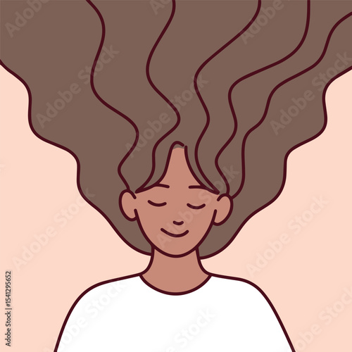 Minimal black skinned female portrait with long flowing hair and calm expression, eyes closed in peaceful and relaxed mood