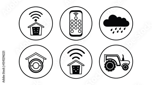 Illustration of smart home automation icons including weather remote control and farming equipment icons