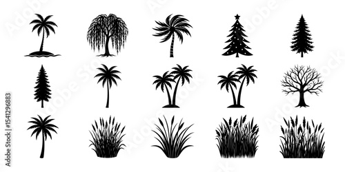 Collection of black silhouette tree and plant icons