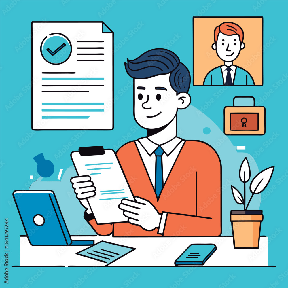 Businessman reviews documents for a video conference. Businessman reviews documents for a video conference.