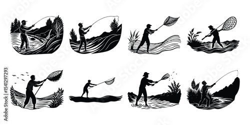 Village Fisherman Throwing Net – Silhouette Artwork   