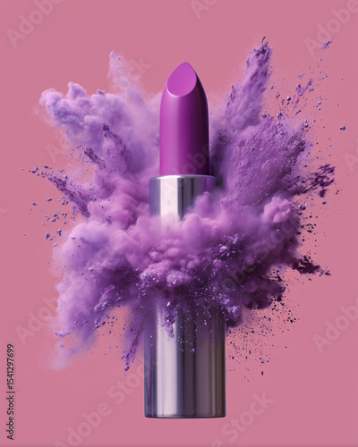 A purple lipstick is surrounded by a cloud of purple powder. Concept of playfulness and fun, as the lipstick appears to be exploding into a cloud of powder