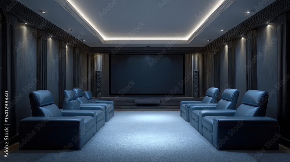 Fototapeta premium Elegant Home Theater with Cozy Blue Seating and Ambient Lighting