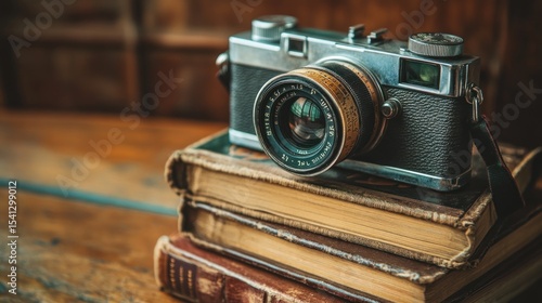 Vintage camera on books