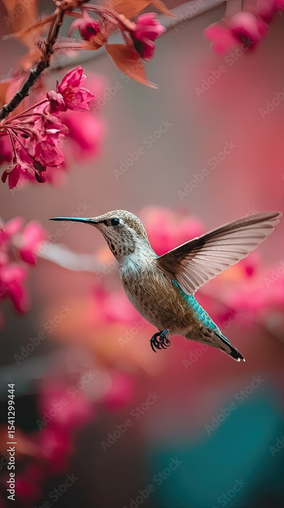Fototapeta premium Colorful hummingbird in vibrant blooming flowers.