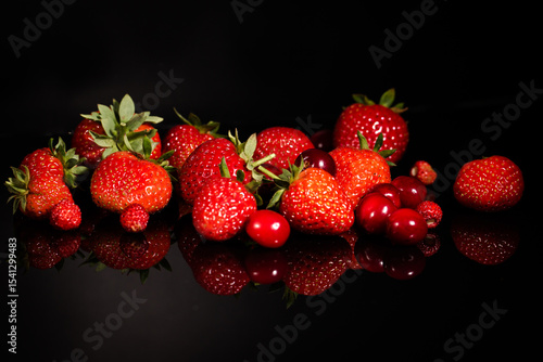 Fotografija A multitude of ripe red strawberries and cherries scattered over a glossy black surface