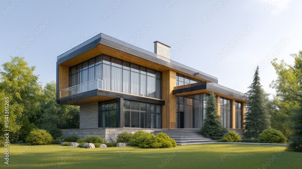 Fototapeta premium Modern Architectural House in Natural Surroundings with Clear Sky