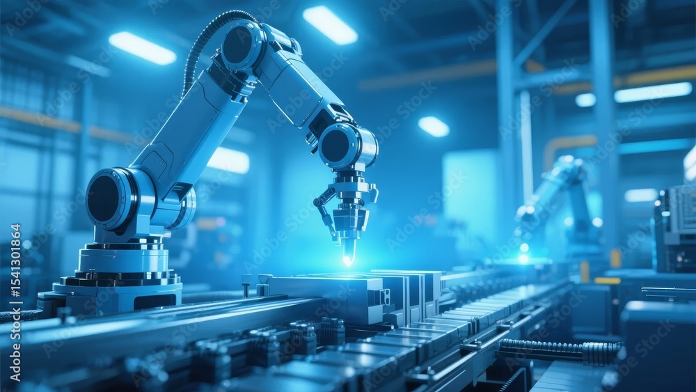 Robotic Arms Assembling Components on a Factory Conveyor Belt Robotic Arms Assembling Components on a Factory Conveyor Belt