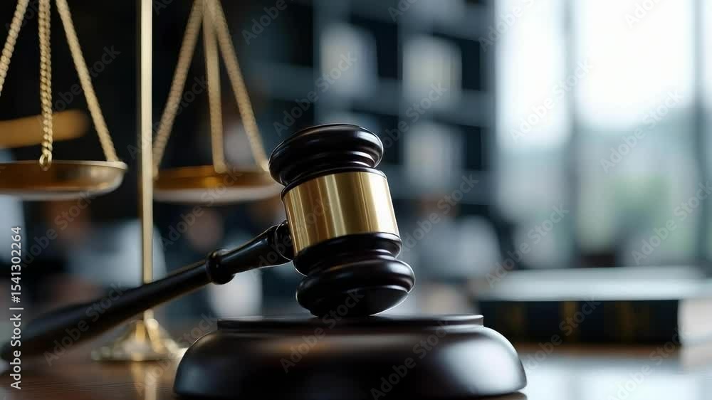 A gavel and scales of justice are shown, symbolizing law and legal proceedings in a courtroom setting. A gavel and scales of justice are shown, symbolizing law and legal proceedings in a courtroom setting.