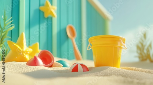 Beach toys on sand near cabin