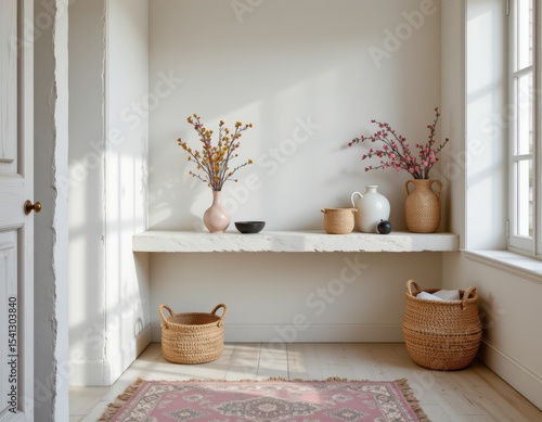white washed space with one floating shelf and ceramic vases in soft pastel hues, dreamy elegant touch