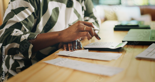 Tableau sur toile Woman, hands or calculator with receipts for financial planning, budget or tax return at home