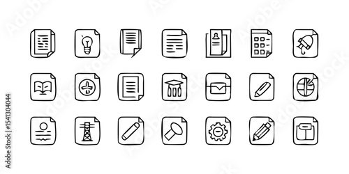 "Minimalist Thin Line Icons – Diverse Collection (Study, Tools, Buildings, Toys – Customizable Vector Illustrations)"