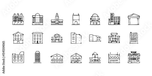 "Minimalist Thin Line Icons – Diverse Collection (Study, Tools, Buildings, Toys – Customizable Vector Illustrations)"
