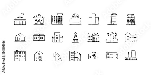 "Minimalist Thin Line Icons – Diverse Collection (Study, Tools, Buildings, Toys – Customizable Vector Illustrations)"