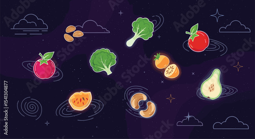 Cosmic Harvest A Whimsical Space Adventure with Fruits and Vegetables Aboard the Spaceship