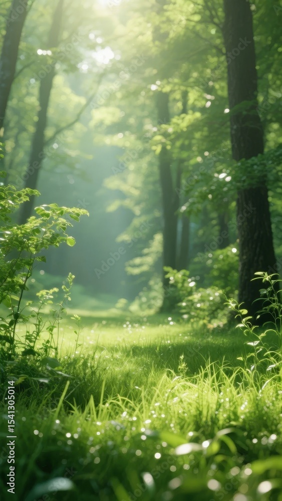 Fototapeta premium Sunlight filtering through a lush, green forest with vibrant undergrowth