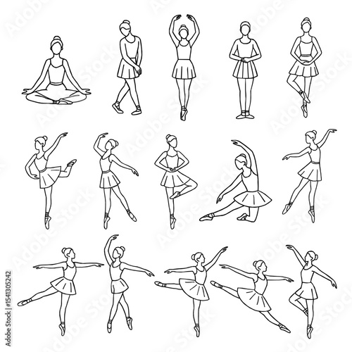 Elegant ballerina line art set featuring classical ballet poses. Hand drawn ballerina outline vector. Line drawing of Ballerinas. Ballet dancer line art. Set of dance ballet line art illustrations