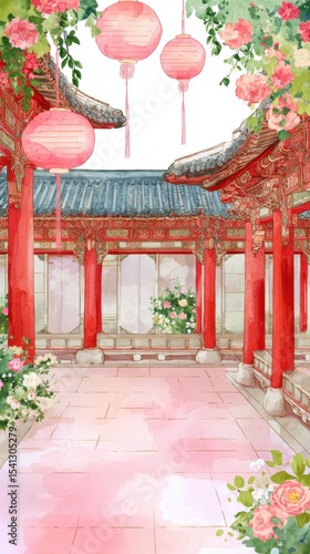 Traditional Chinese Pavilion with Lanterns and Floral Decorations
