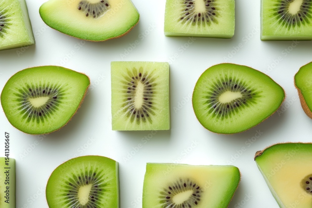 Fototapeta premium Freshly Cut Kiwi Fruit Displayed in Various Shapes and Sizes