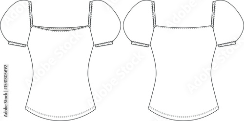 short puff balloon sleeve square neck lastic band fit sport bodycon blouse top tshirt tee template technical drawing flat sketch cad mockup fashion woman design style model 
