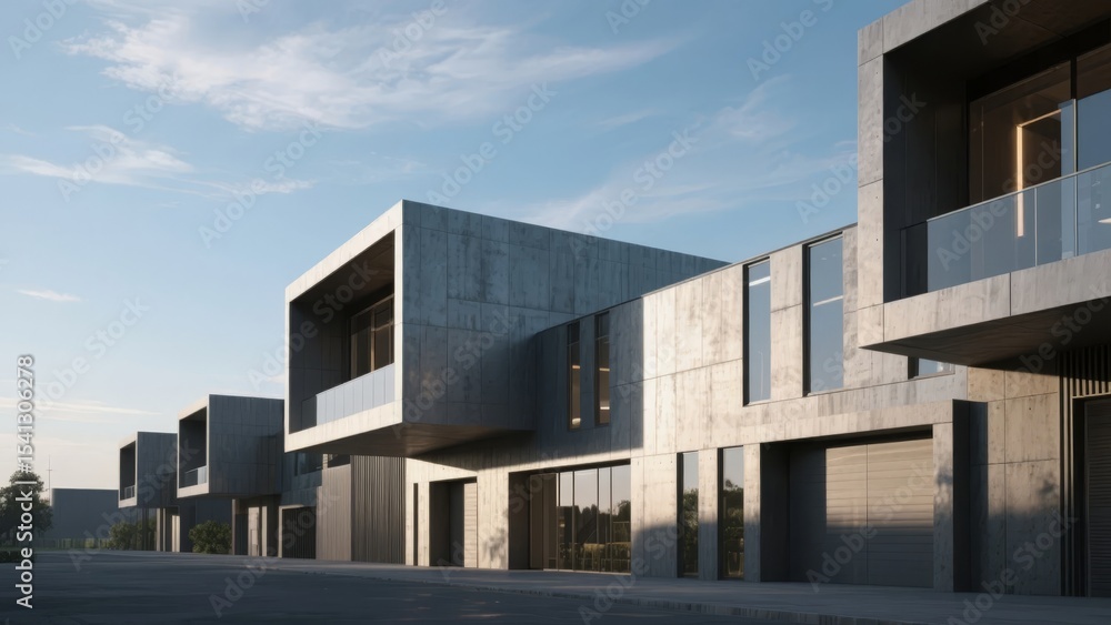 Obraz premium Modern Concrete Building with Angular Design and Large Windows