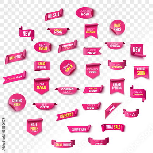 Best choice, order now, special offer, half price sale banners. Pink ribbons, tags and stickers. Vector illustration.